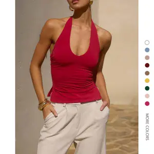 Danedvi Women's Ribbed Fabric Plain Halter Neck Tank Tops - Slim, Sleeveless, Fitted Backless Ruched Clothes, Minimalist Sexy Scoop Neck Basic Athletic Shirts for Summer, Party (Pair with Sweatpants)