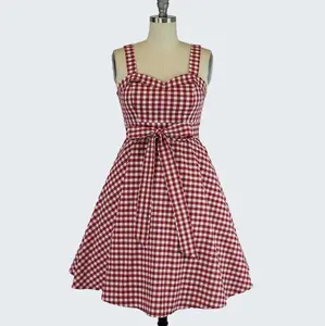 Hemet Red Gingham Vintage Inspired Strap Dress - Sweetheart Pin Up Style, Casual Womenswear, XS-3XL