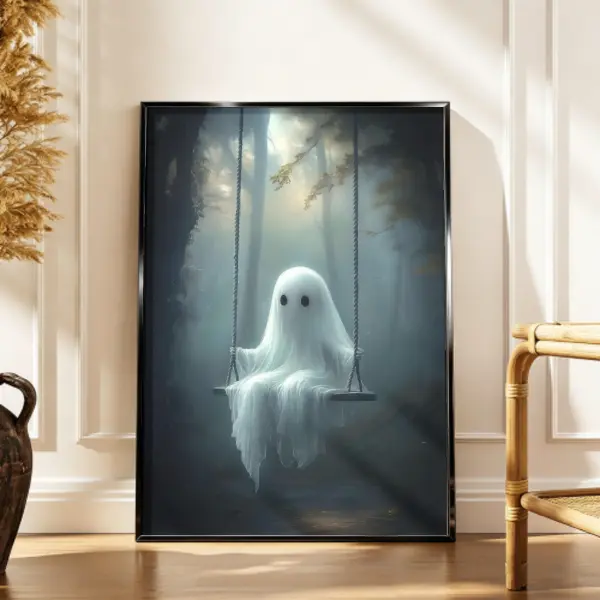 Vintage Cute Ghost Wall Decor Framed Spooky Forest Swing Artwork Canvas Print Picture Display for Bedroom Living Room Halloween Party Decor