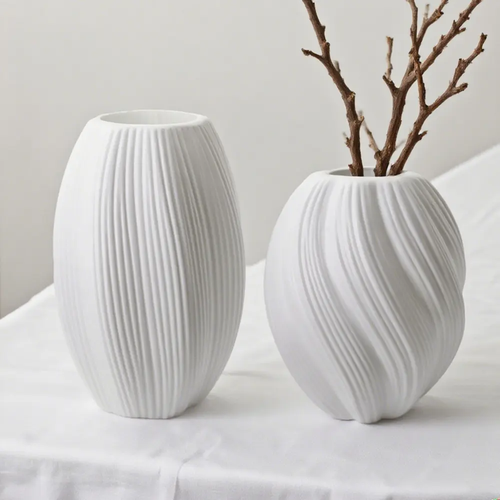 10.6in Sculpture Vase + 7.9in Wave Vase Set - Vertical Rib & Twist Texture, Lightweight Shatterproof Home Decorative Vase Decoration for Lily/Tulip, Entryway Desk Decor Gift