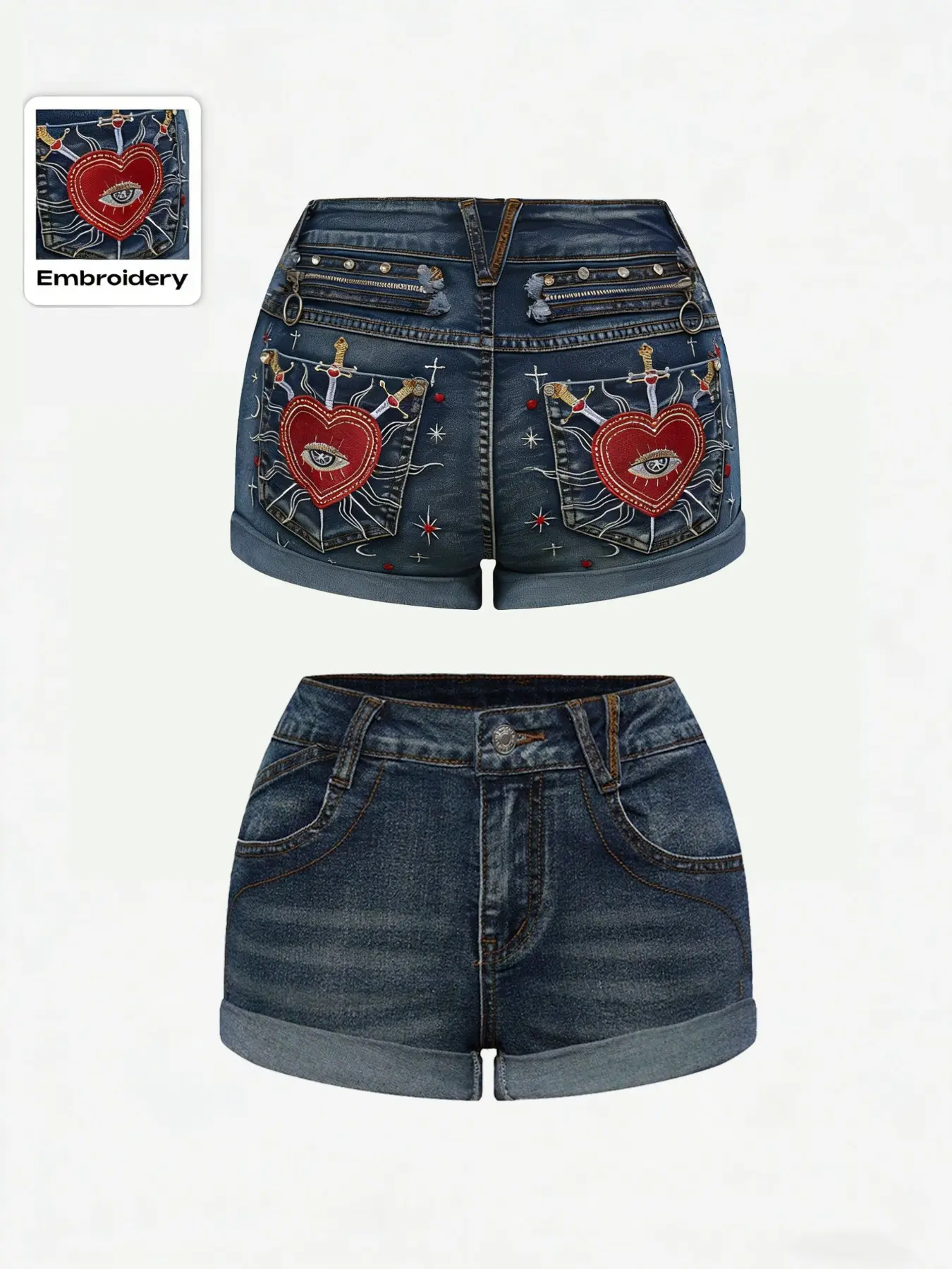 Women's Summer Embroidered Denim Shorts, Slim Fit Elastic Waist Design, Punk Style Rivet Chain Embellishment Embroidery, Dark Gothic Rebel Stitching