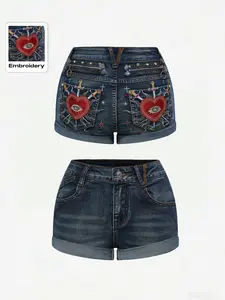 Women's Summer Denim Shorts, Slim Fit Elastic Waist Design, Punk Style Rivet Chain Embellishment, Dark Gothic Rebel Stitching
