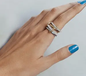 14k Gold Plated Chunky Statement Cubic Zirconia Rings, Silver Gold Multi Ring Interlocking Mixed Metals Stack Rings Set Non Tarnish