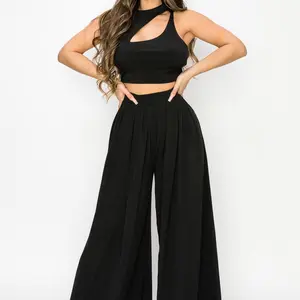 Elisa Black Cut-Out Neck Top and Pant Set