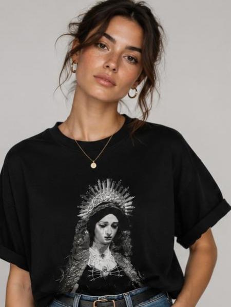 Vintage Monochrome Our Lady of Sorrows Tshirt, Baroque Sacred Virgin Mary Pierced Heart Unisex Cotton Tee, Dark Academia Gothic Religious Renaissance Art Casual Graphic Top