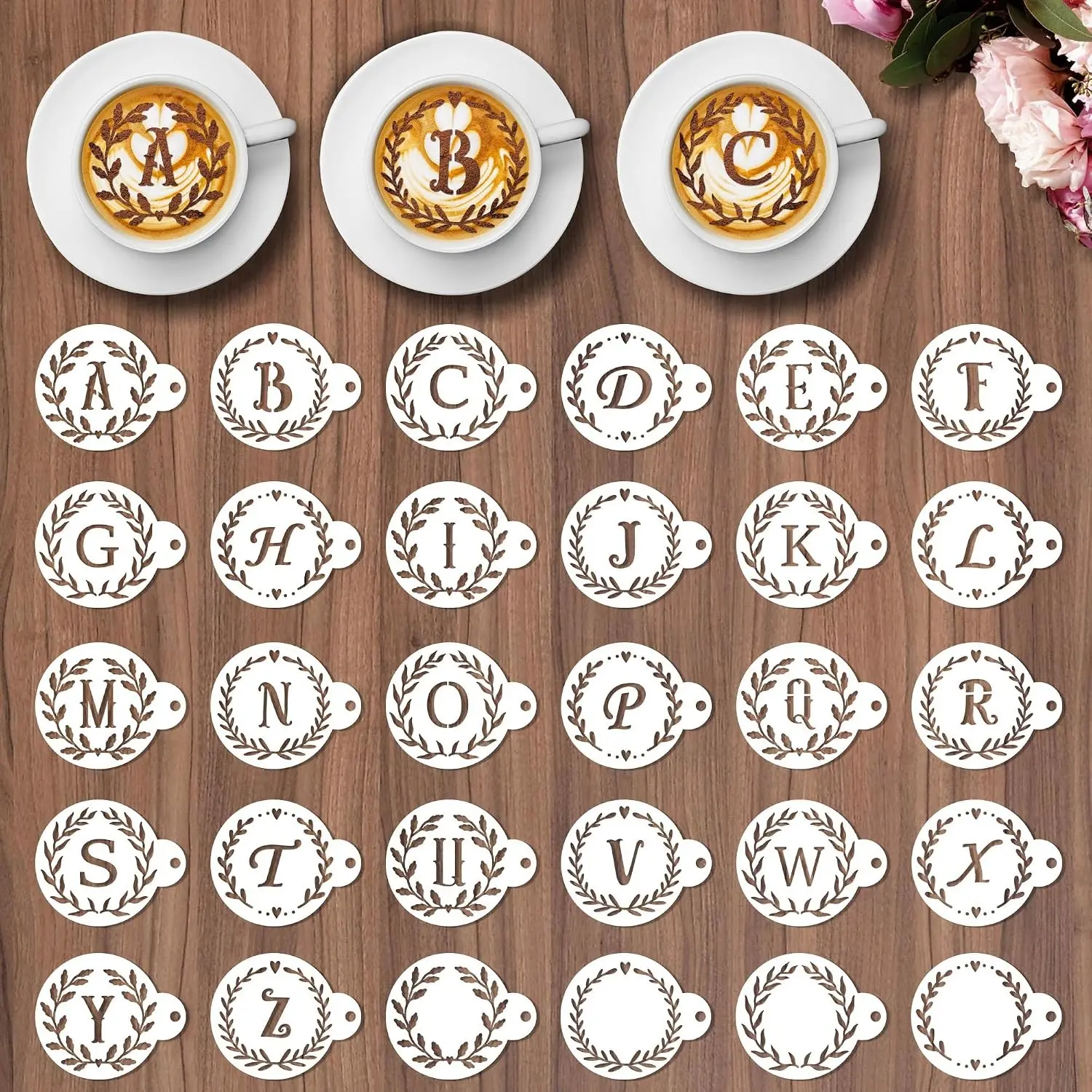 Keluna Coffee Latte Art Stencils - 30 Pcs Letters Alphabet Baking Stencils for Coffee Latte Art Sour Dough Bread Cake Cookie Decorating