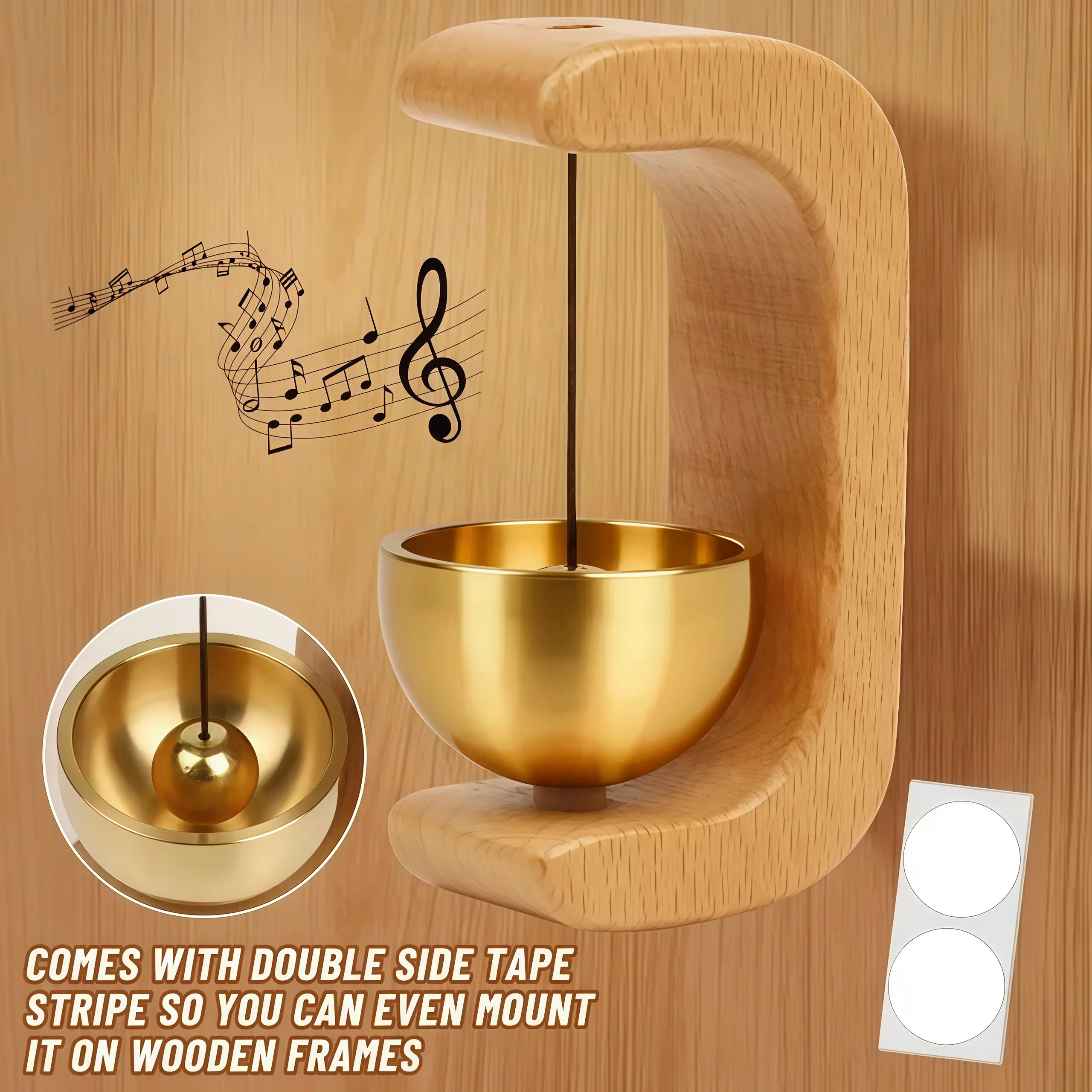 Magnetic Wind Chime Vintage Wooden Brass Bell Comes with Double Side Tape for Door Opening Shopkeepers Bell for Porch Wooden Frames Home Decor & Gift
