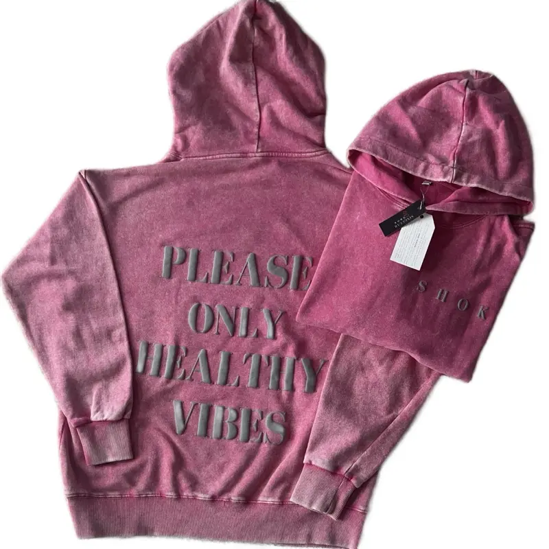 Singular Shok “Please Only Healthy Vibes” Pull Over Hoodie. Distressed Pink. Oversized or Fitted Pure Cotton Style. For EVERYBODY not just Healthcare Professionals!