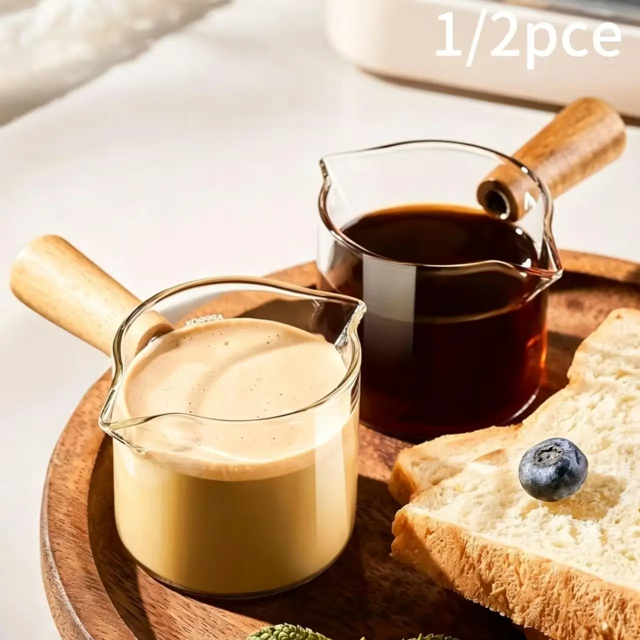 Dual Spout Glass Espresso Shot Cup with Wooden Handle, Heat Resistant Borosilicate Measuring Cup for Coffee Extraction, Coffee Maker Accessory, Coffee Brewing Accessories, for Home Cafe Brewing, Birthday Housewarming Gift for Coffee Lovers