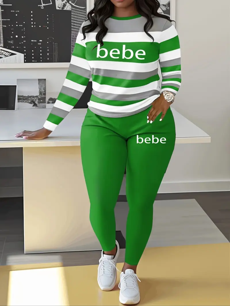 Women's Striped 'Bebe' Letter Print Round Neck Long Sleeve Top and Pants Set, Comfortable Casual Two-Piece Striped Lounge Set, Casual Fashion Set for Autumn and Winter