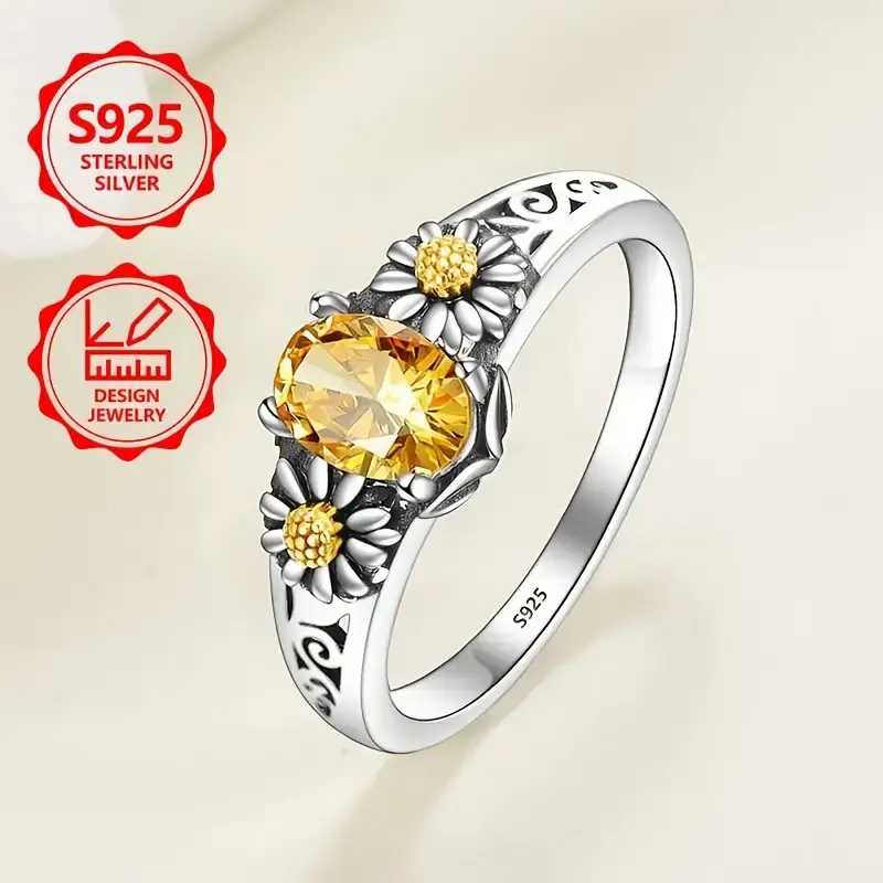 Women's 925 Sterling Silver Daisy Ring - Inlaid with Synthetic Zircon & Topaz, Elegant Fashionable Engagement Ring, Ideal for Holiday Parties & Daily Wear, Perfect Gift for Family & Self
