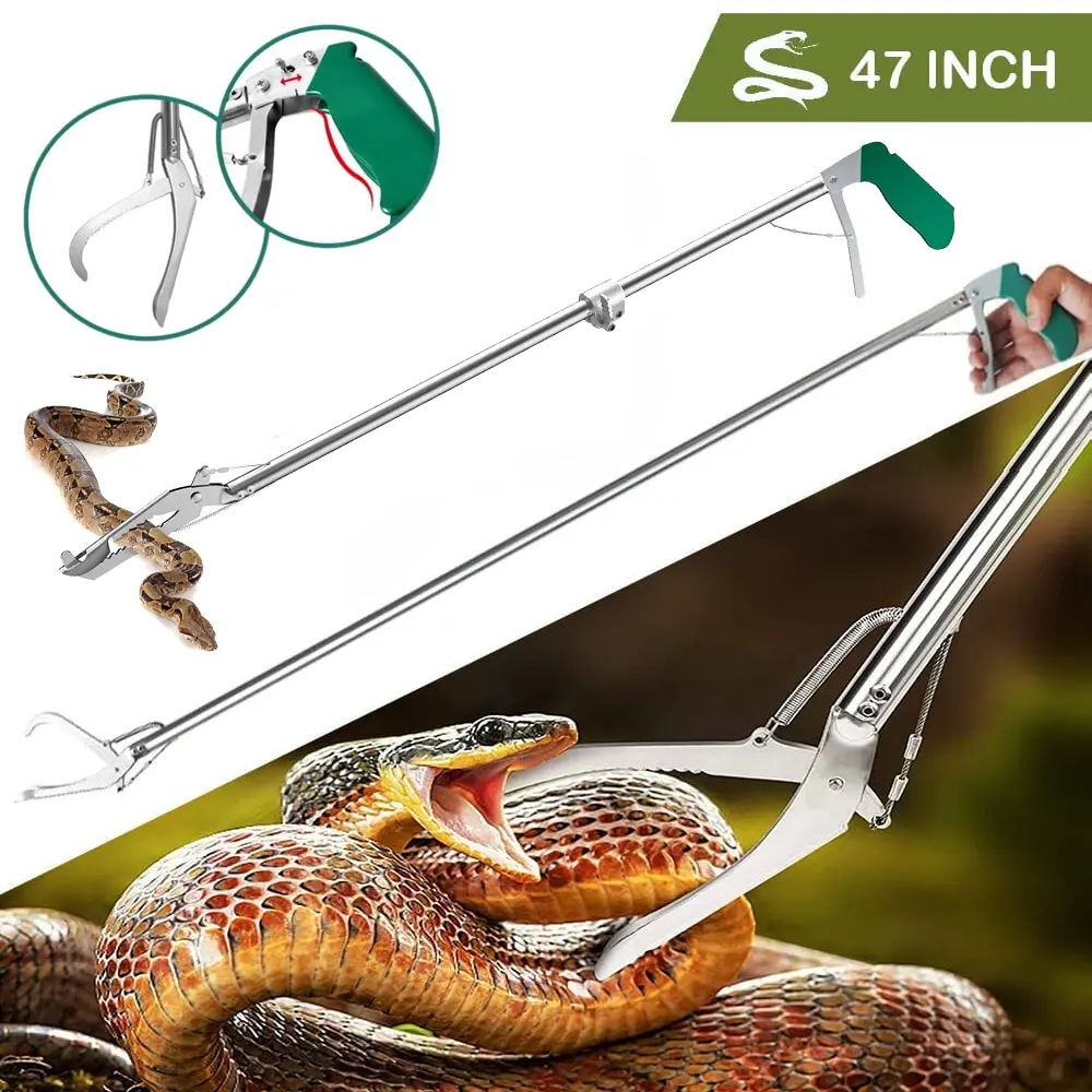 47" Stainless Steel Collapsible Snake Tongs, Heavy Duty Reptile Capture Tool with Zigzag Jaws for Snake Handlers, Garden Trash & Litter Picker