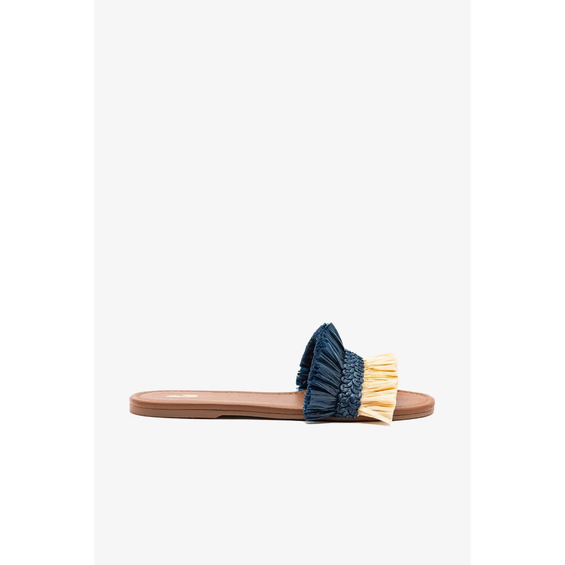 Bahia Fringe Flat In Beige And Navy Raffia