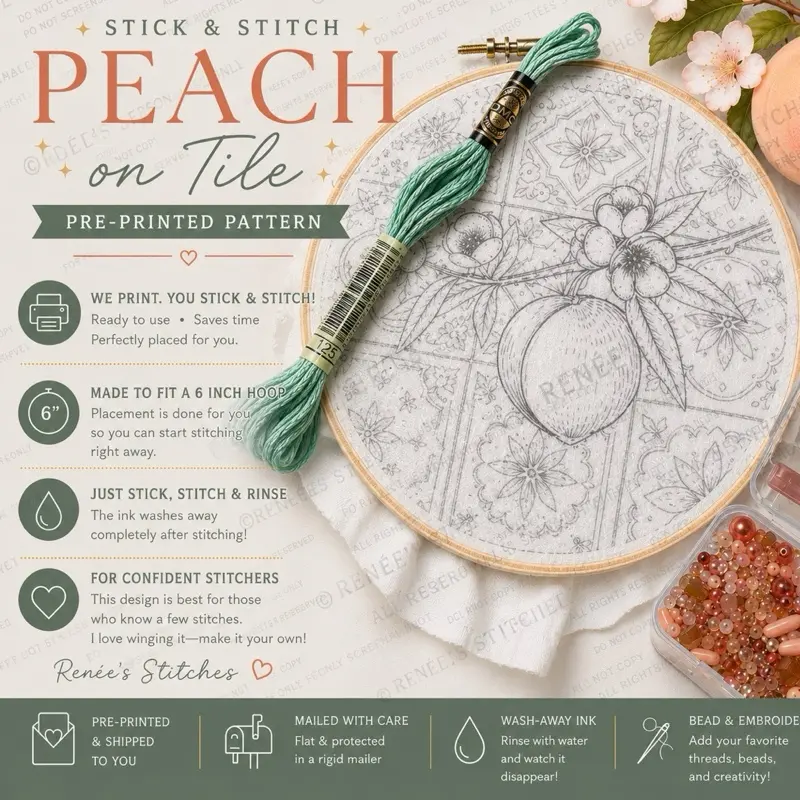 Peach tile Embroidery Pattern 6in Stick and Stitch