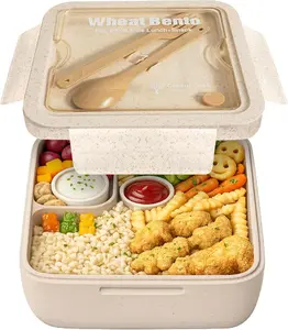 GreenLunch Bento Wheat Straw Lunch Box with 2 Compartments, Beige  – Large Bento Box for Kids and Adults with Fork & Chopsticks, Reusable Food Storage Container for Kids for School, Traveling & Picnic