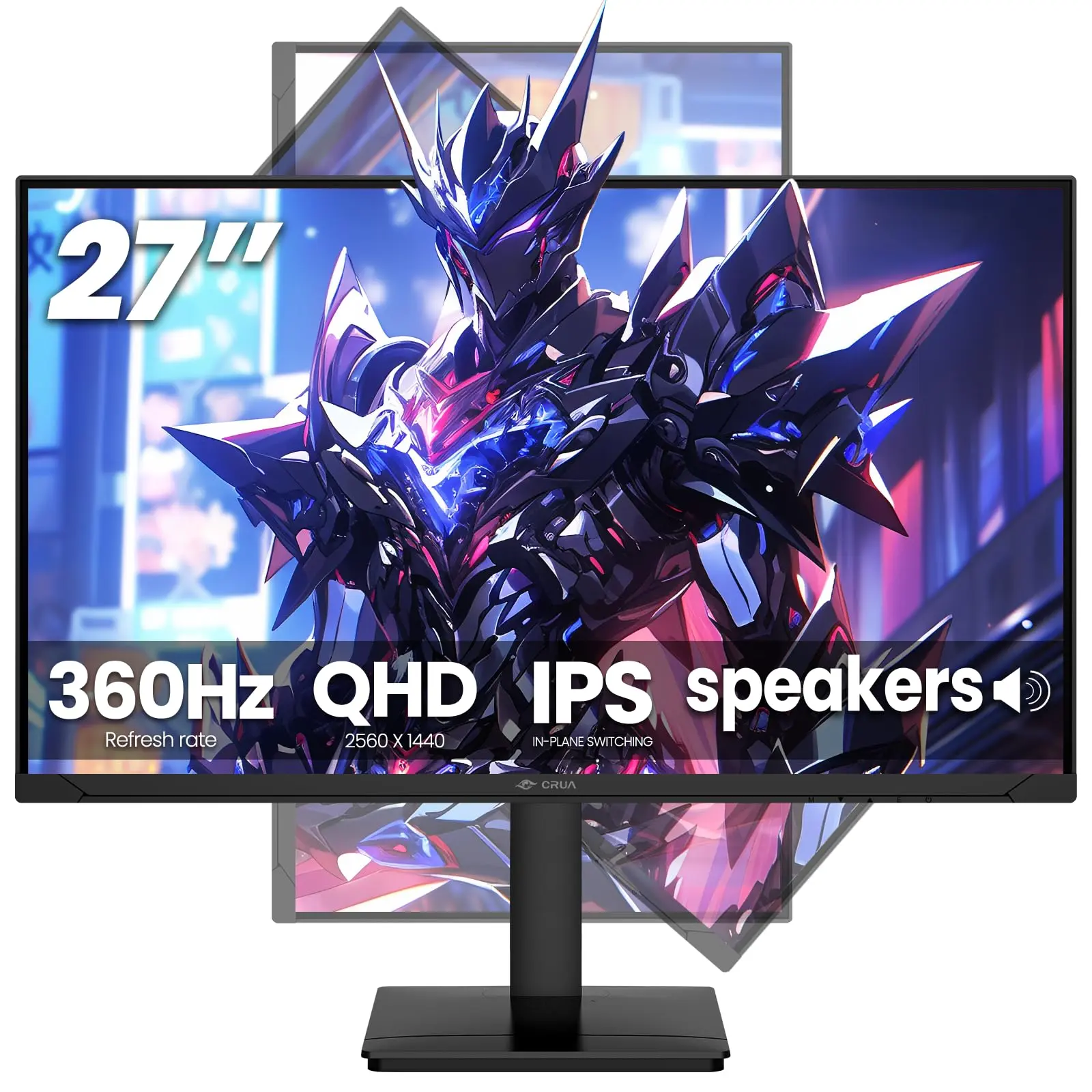 CRUA 27 Inch 360Hz QHD IPS Gaming Monitor, Height Adjustable Vertical Stand | FreeSync, 120% sRGB, RGB Lighting, Speakers, 105mm Height, 90° Pivot, 45° Swivel, HDMI 2.1, DP 1.4, Esports, Coding, Editing