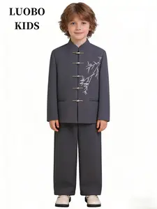 Luobokids Boy's Traditional Chinese, Two-Piece Embroidered Mandarin Jacket with Long Sleeve Pants, Ethnic Style for Kids Performance Wear