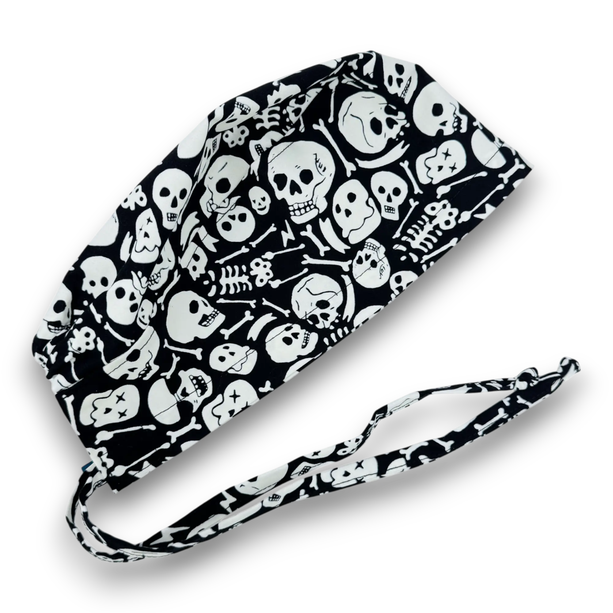 Glow Tossed Skull tie-back style surgical scrub cap for men by Paradise Caps. Glows in the Dark!