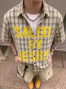 Men's "SAVED BY JESUS" Plaid Short Sleeve Shirt, Bold Statement Shirt, Y2K American Retro Streetwear Oversized Top, Vintage Grid Print Casual Blouse, Daily Wear, Street Style