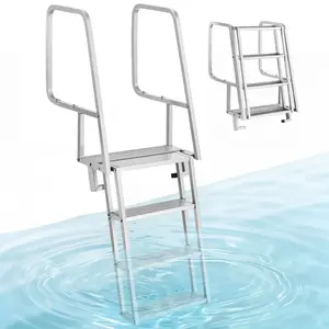 【FathersDayGift】VEVOR Flip-Up Dock Ladder, 4-Step, Heavy-Duty Aluminum Alloy Pontoon Boat Swim Ladder, with Non-Slip Wide Steps, 350 lbs Weight Capacity, Pull Rope Assist, Comfort Use for Lake Pool Marine Boarding
