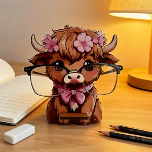 1 piece of cute highland bull eye glasses frame - wooden glasses display frame with pink floral decoration, black glasses frame, suitable for home and office decoration, eye storage for desks and workstations, fun home decoration
