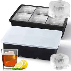 2 Pack Ice Cube Molds with Lid, 6 Grid Square Ice Trays, Reusable Food Storage Containers, Freezer Safe Easy Release Mold for Ice, Sauce, Soup & Dessert, Kitchen Essential