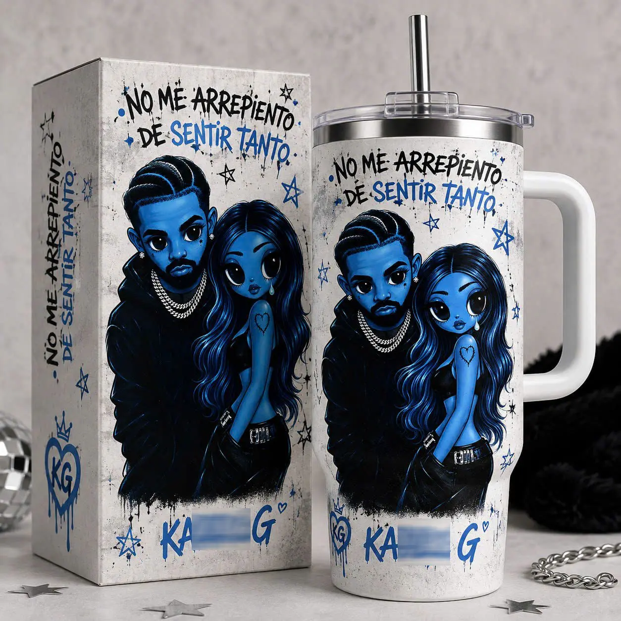 New Album No Me Arrepiento De Sentir Tanto #3 Manana Sera Bonito Inspired 40oz Tumbler with Handle, Blue Girl Neon Star Full Wrap Travel Cup, Stainless Steel Insulated Mug, Latin Music Fan Gift