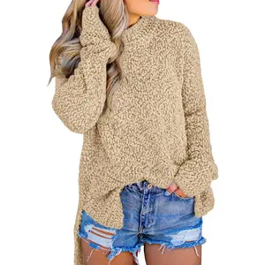 FMEYOA Womens Fuzzy Knitted Sweater Sherpa Fleece Side Slit Full Sleeve Jumper Outwear