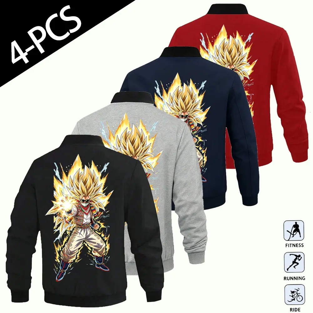 Trendy Mens Anime Lightning Golden Warrior Pattern Zip Up Baseball Jacket 4PCS Stand Collar Long Sleeve Bomber Outerwear For Fitness Cycling Daily Outfit