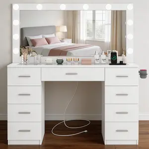 Fabiula Modern Makeup Dresser, Lighted Vanity Desk with 9 Drawers, Glass Desktop, 12 LED Lights, Large Vanity Mirror with Flexible Lighting Options for Bedroom
