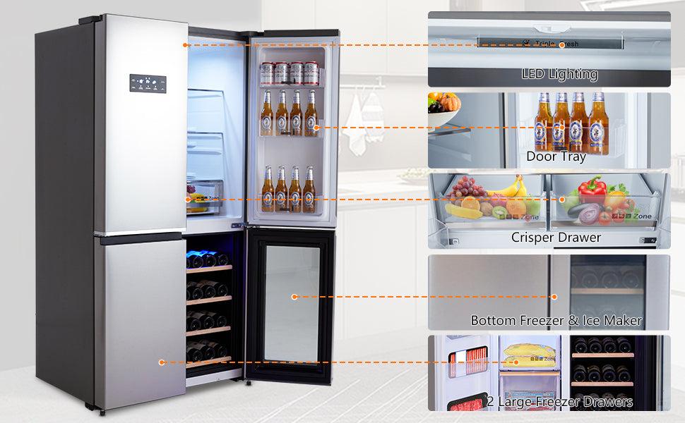 GARVEE 36 Inch Large Capacity French Door Refrigerator, 21 cu.ft Refrigerator with 4 Doors & Wine Cabinet, Dual Ice Maker, Adjustable Glass Shelves