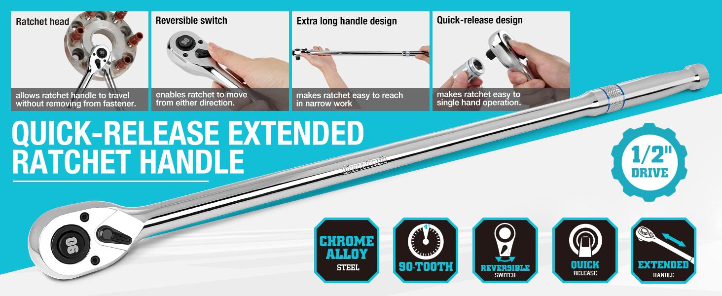 #backtoschool DURATECH Extra Long Handle 1/2-Inch Drive Ratchet, 90-Tooth Quick-release Ratchet Wrench with 20" Extra Long Handle, Teardrop Ratcheting, Reversible, Chrome Alloy Made, CR-MO Head,Full Polished