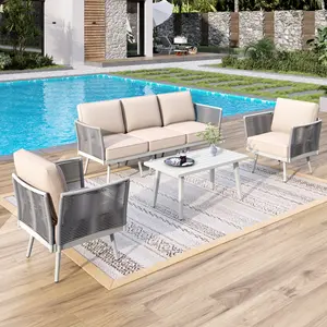 PHI VILLA Metal Patio Furniture Sets with Detachable Rope Rattan Armrest, Outdoor Conversation Set All Weather Patio Sectional Couch with Coffee Table & Ottomans, Beige Cushion