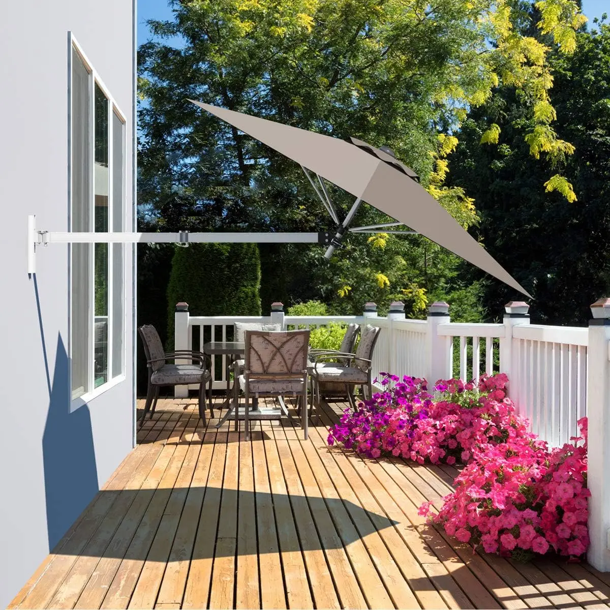 VALLMORE 8 FT Wall Mounted Patio Umbrella, Space-Saving Outdoor Sunshade with Tilt & Adjustable Pole, Waterproof UV-Protection Canopy with Wind Vent for Balcony Deck Garden Yard, No Base Needed (Tan/Beige/Burgundy/Turquoise)