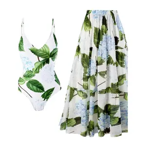 Women Floral Leaf Print One Piece Swimsuit and Cover Up Skirt Set