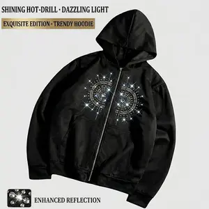 2026 new single piece unisex item, trendy Y2K style hooded zip-up cardigan sweatshirt—lightweight, with a sparkling texture from tiny rhinestones, street style.