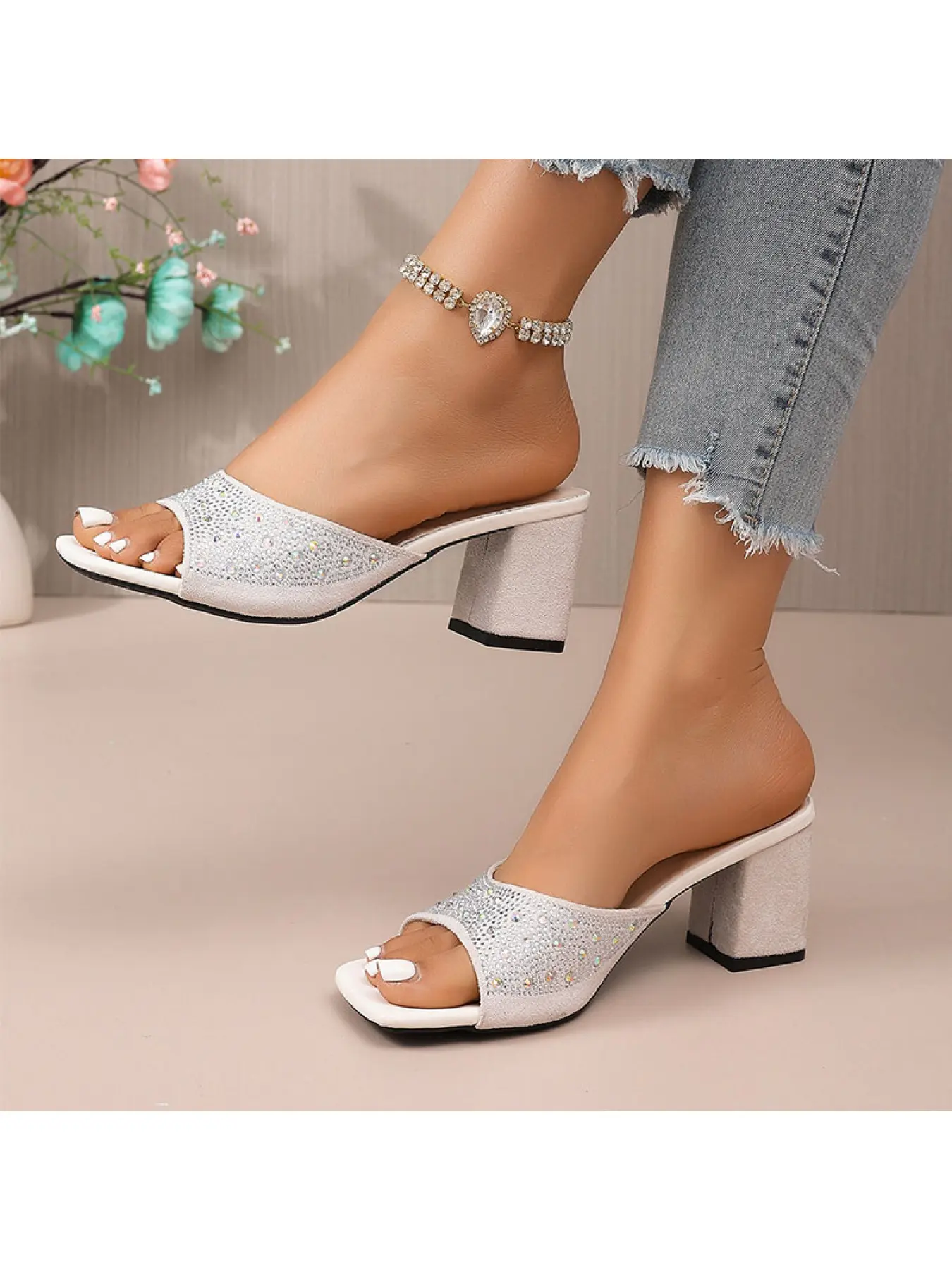 Modern Luxury Rhinestone Chunky Heel Slides, Club & Party Footwear