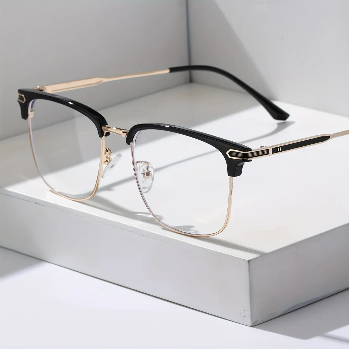 Fairmarry Classic Elegant Square Browline Eyewear Fashion, Golden Metal Frame, PC Resin Anti-Blue Light Unisex Casual Daily Wear Glasses, Ideal Gifts for Men Women, Gift-Ready Style Upgrade
