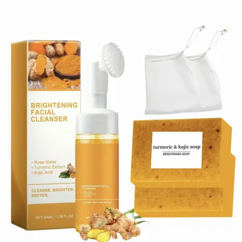 【Mother's Day Gift】Turmeric 2-Piece Daily Care Facial Cleanser Set - Kojic Acid Cleansing Mousse, Lemon-Infused Turmeric Soap, Turmeric + Kojic Duo Facial Wash
