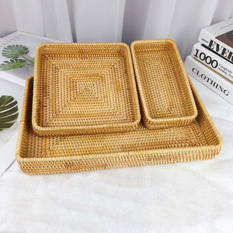 Woven Rattan Rectangular Storage Tray Set