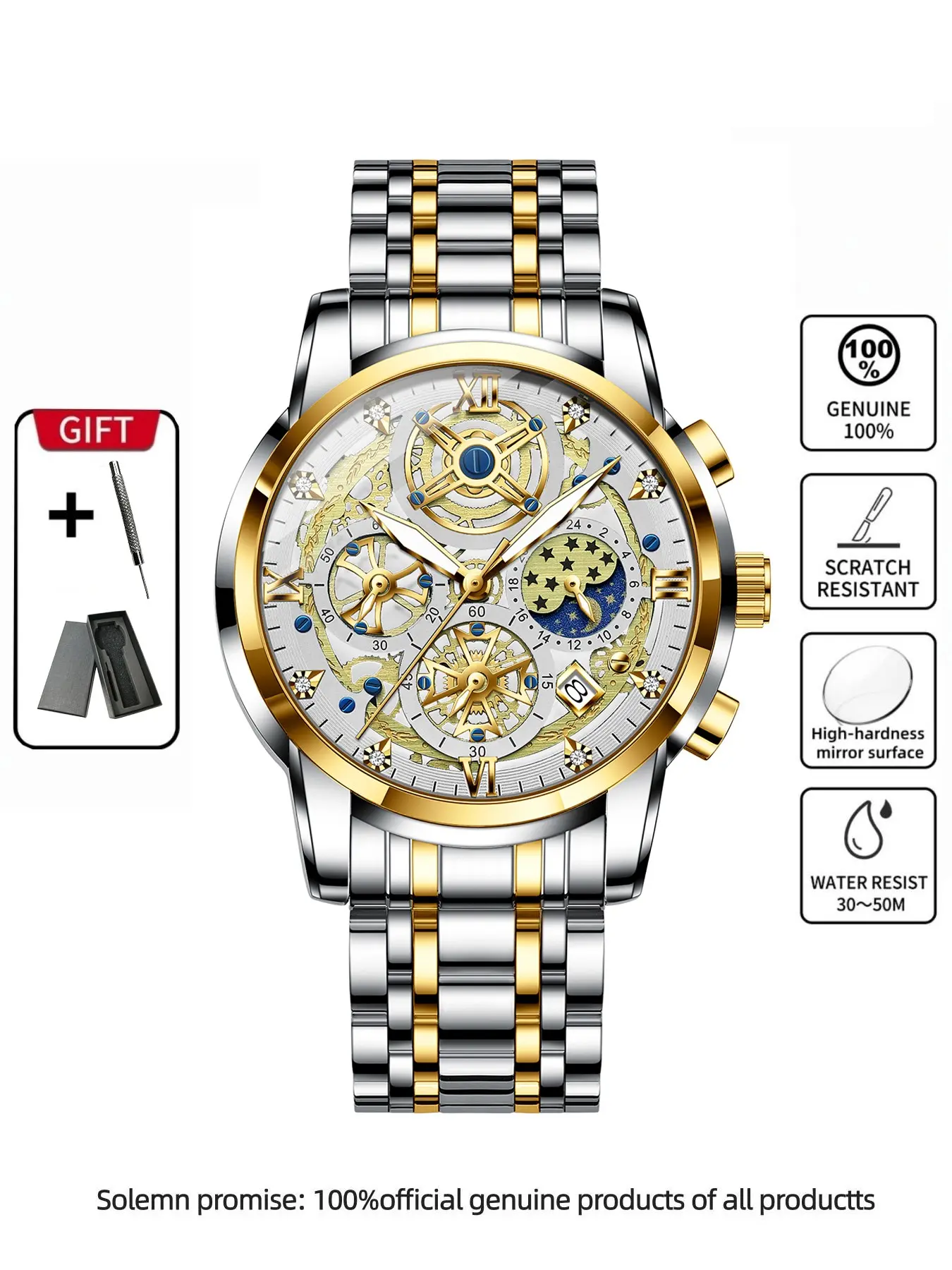 Binbond B800 Hollow Dial Analog Watch, Luminous Dial + Water Resistant, Starry Moon Phase Hollow Dial Business Quartz Wristwatch, Elegant and Functional Design
