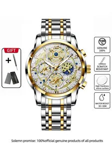 Binbond B800 Hollow Dial Analog Watch, Night Glow + Water Resistant, Starry Moon Phase Hollow Dial Business Quartz Wristwatch, Elegant and Functional Design