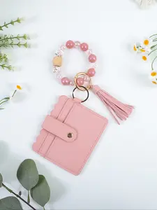 Morandi Color Card Holder Keychain, Beaded Charm, Wallet Keychain for Women, Convenient Key Attachment, Practical for Daily Use, Gift Idea