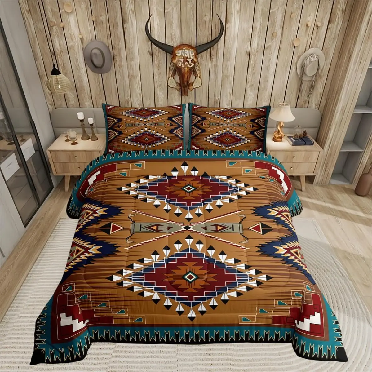 Feelyou Quilted Duvet Set - Boho Quilt, Bed Set with Southwestern, Native American, Aztec Exotic Designs, Vintage Rustic Farmhouse Bedding Insert, Boho Quilt Set
