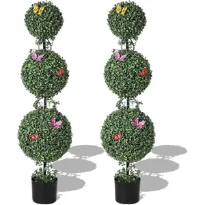 4 FT Artificial Triple Ball Topiary Trees with Pot  2 PCS Topiary Trees Artificial Outdoor with Moss  Vine Insect Decor All Year Green Outdoor Faux Plants for Front Porch  Home Decor Decoration Decorative Gift Fruit