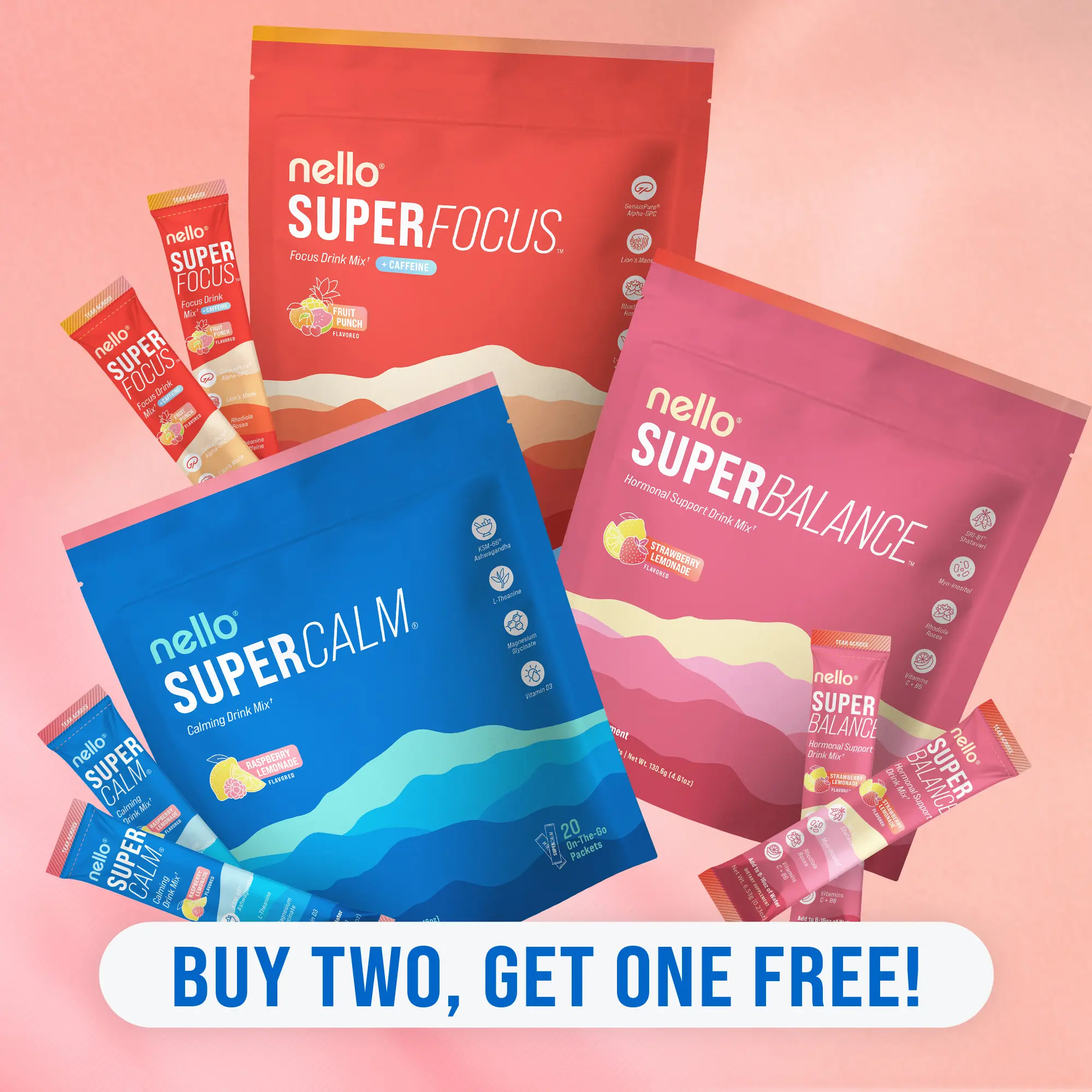 Nello Superbundle Triple Pack: Supercalm + Superfocus + Superbalance Travel Packets (20 Servings per Pack) Nello Superbundle Triple Pack: Supercalm + Superfocus + Superbalance Travel Packets (20 Servings per Pack)