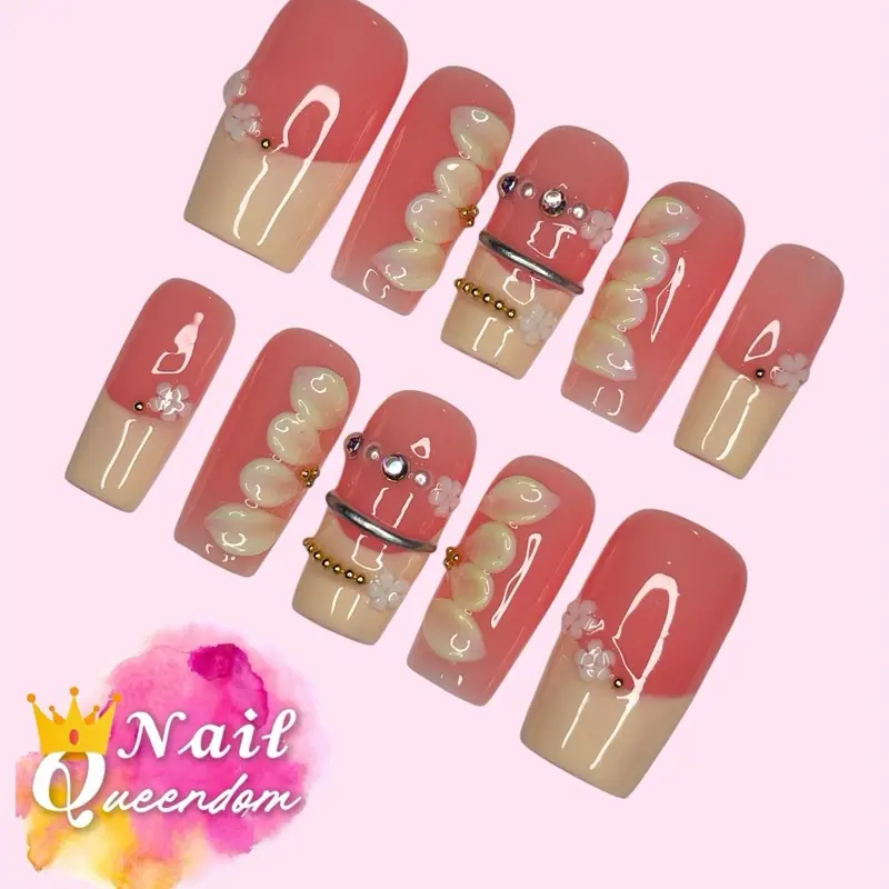 Nail Queendom [MOONBEAM GARDEN] Handcrafted 3D Press-On Nails Reusables Long Lasting Salon Quality Easy Application 10 Pieces Set Eco-Friendly 3D-gel Finish