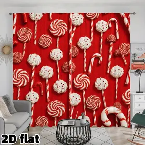 2D Flat Christmas Candy Cane Lollipop Printed Curtain Panels, Semi Sunshade Rod Pocket Style, Holiday Theme Home Decor for Living Room Bedroom Kitchen Window Treatment, Perfect Christmas Gift Window Accessory, Home Decoration Curtain