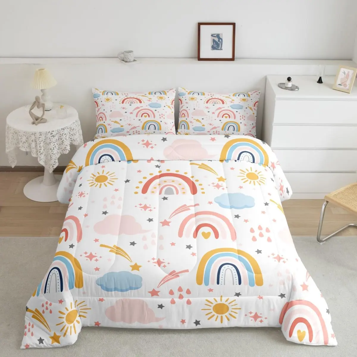 Ultra-Soft Reversible Boho Rainbow Pattern Bedding Set - Soft Breathable Duvet/Quilt Set with Sun and Stars Design, Cute Room Decor, Soft Breathable Bedding