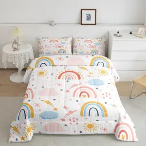 Rainbow Comforter Set,Cute Boho Rainbow Bedding Set,Ultra Soft Sun and Stars Quilt Set,Room Decor Lovely Rainbows Reversible Stars Duvet Set